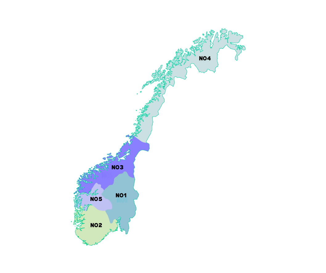 Prisområder strøm Norge NO1 til NO5
