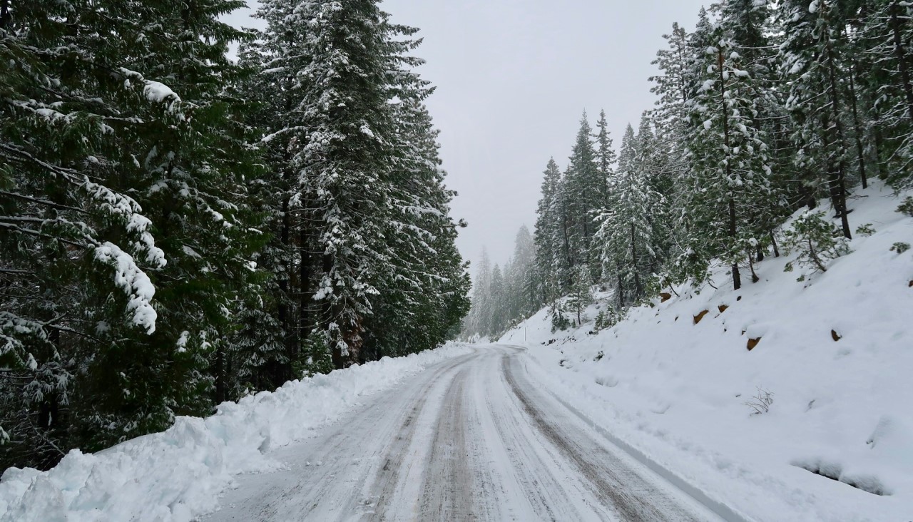 Snølagt vei i vinterlandskap