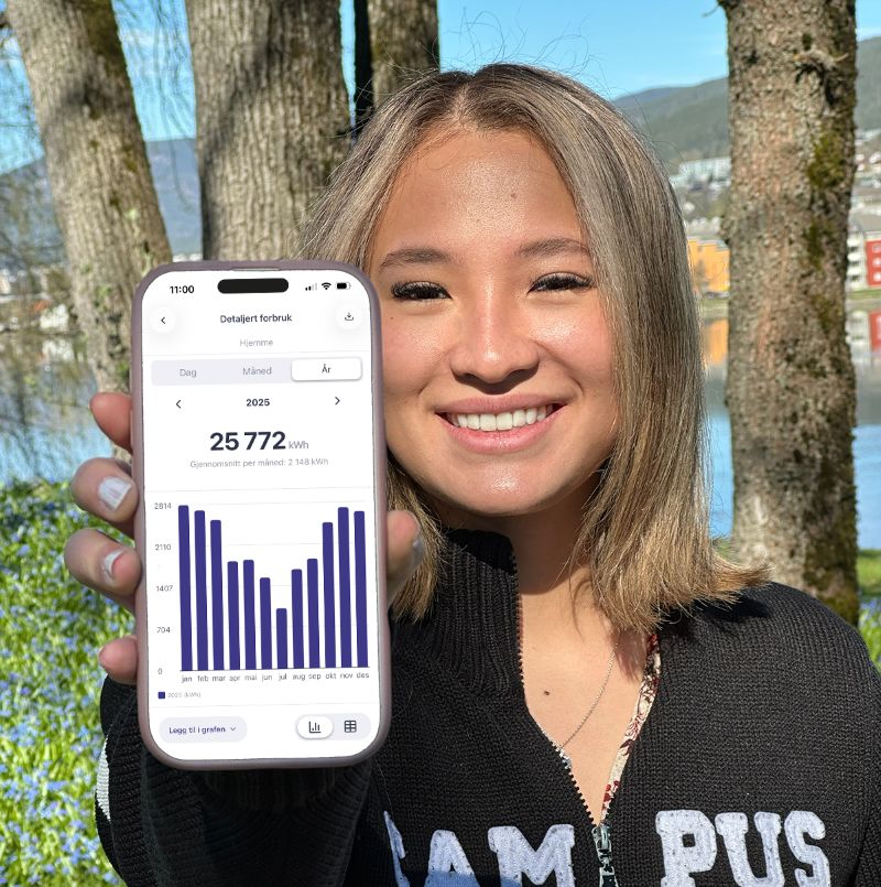 Michelle med mobil som viser årsforbruk for 2025 i Vibb-appen